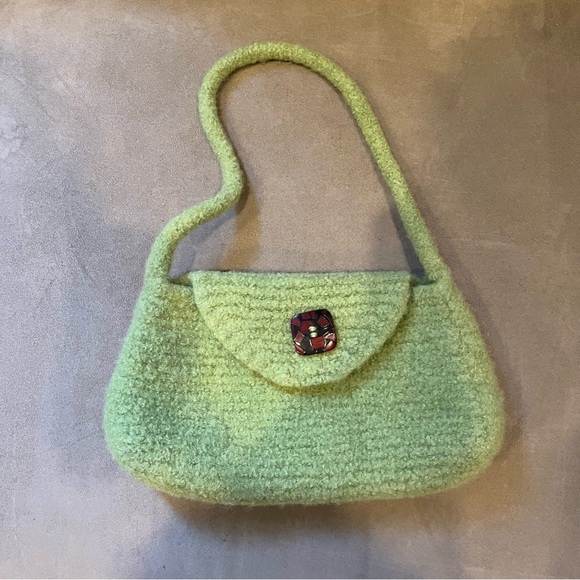 Vintage Green Shoulder Bag woven knit fuzzy fabric Y2K chartreuse purse - Picture 1 of 4